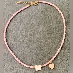 Pink Beaded Necklace with Enameled Pink Heart & White Butterfly Charms